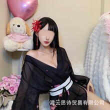 情趣内衣性感日系黑色雪纺睡袍激情樱花浴衣带腰封日式和服睡衣