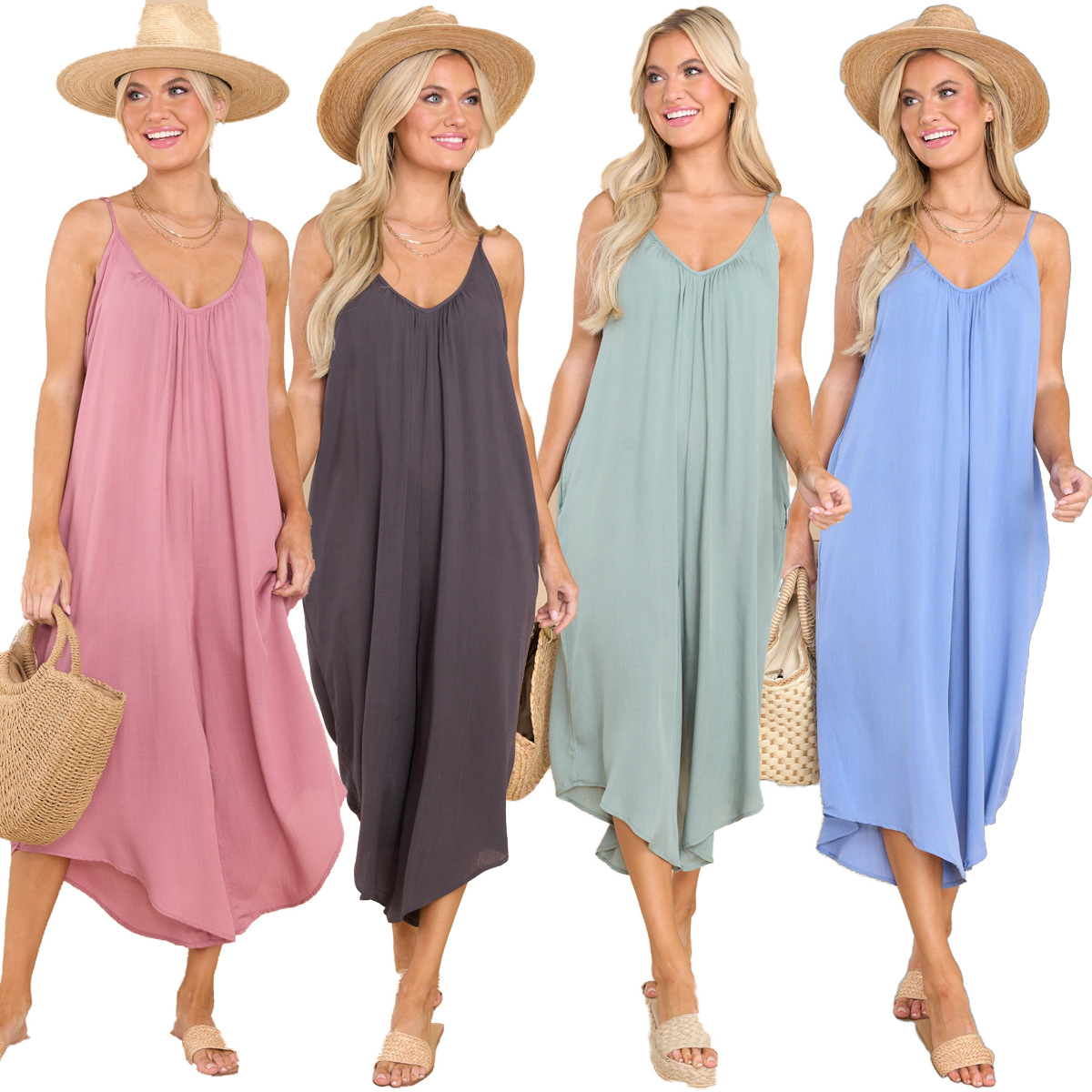 Transfronterizo 2023 ropa de mujer europea y americana verano nuevo color puro estilo de casa pastoral suelta color sólido pierna ancha mono 6022