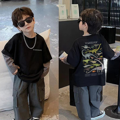 100% Cotton Children's Long-Sleeve T-Shirt Spring and Autumn Boys Korean Style Dinosaur Cartoon False Two-Piece Hipster Outerwear Top