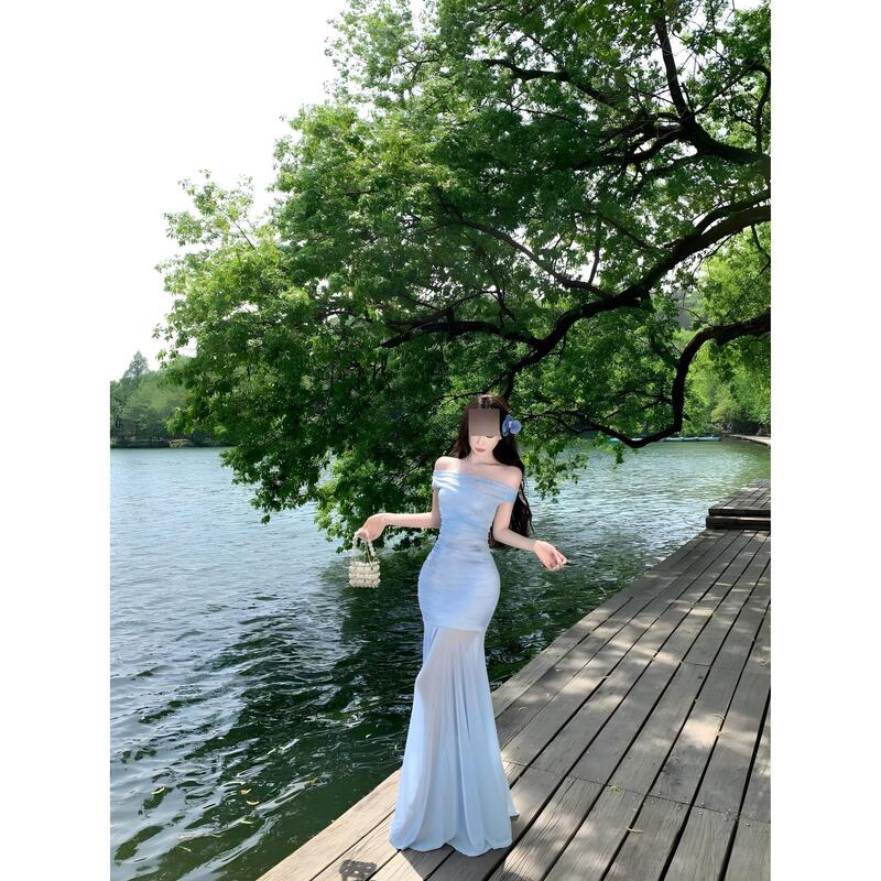 Atmospheric Purple Floral Waist-Cinching Women's Summer New Pure Lust Style High-End Exquisite and Beautiful Long Skirt with Dress for Women