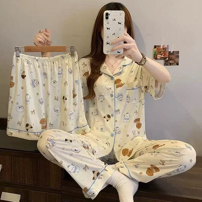 Pijamas de verano de las mujeres delgados pantalones de manga corta cardigan conjunto de tres piezas popular en línea nuevo traje de desgaste de casa de verano image 54