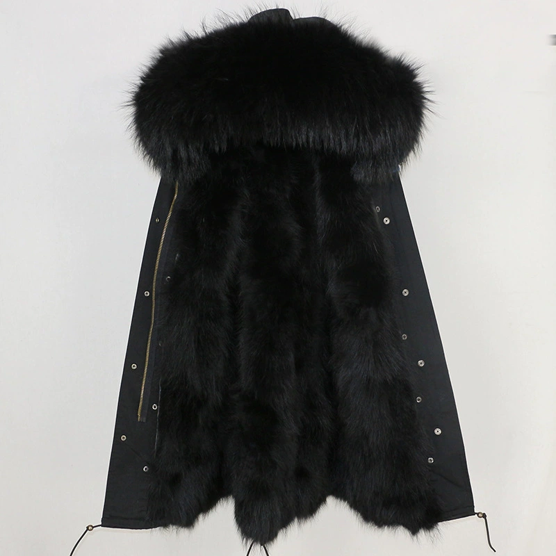 Raccoon‑dog fur mid‑length parka with large fur hood, water‑resistant outer, sizes XS–XXL