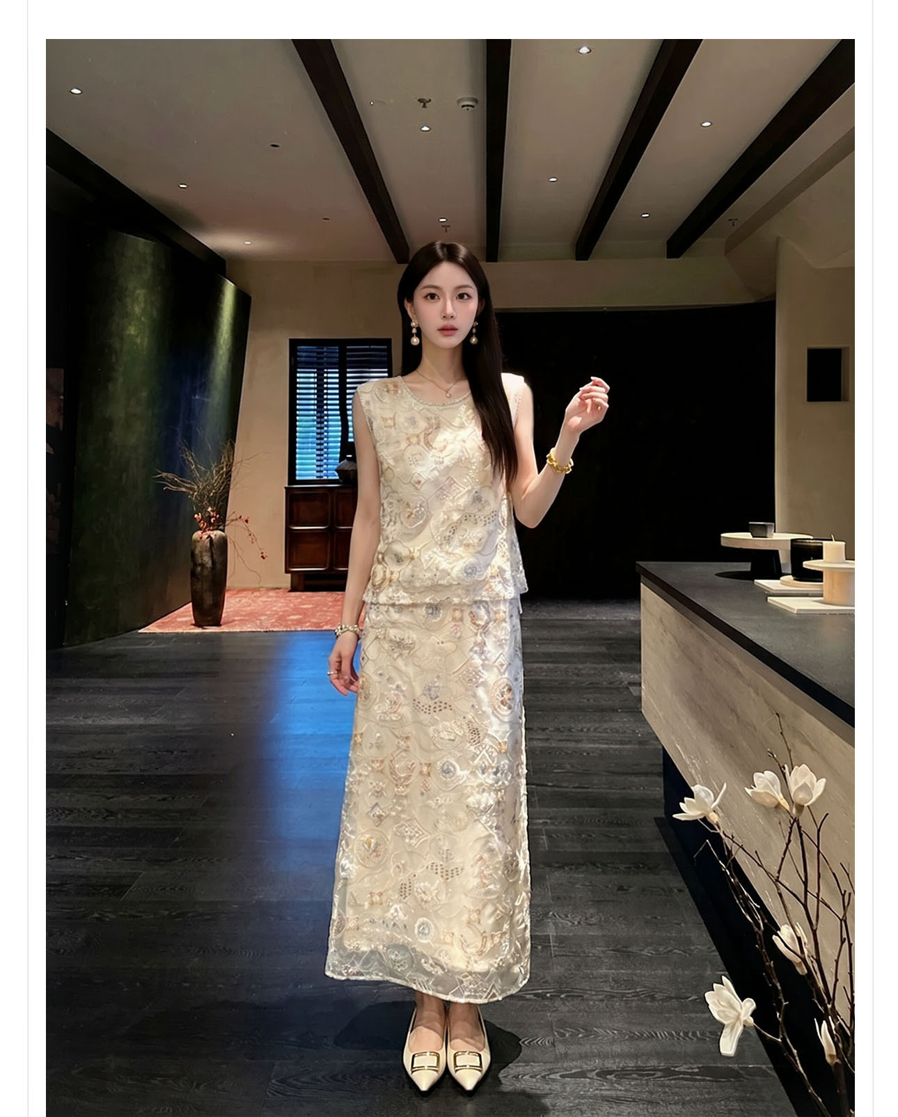 Bộ áo vest không tay và chân váy midi thêu ren cườm phong cách Tân Trung Hoa — bộ đồ, nửa váy, Trang chủ chi tiết 10