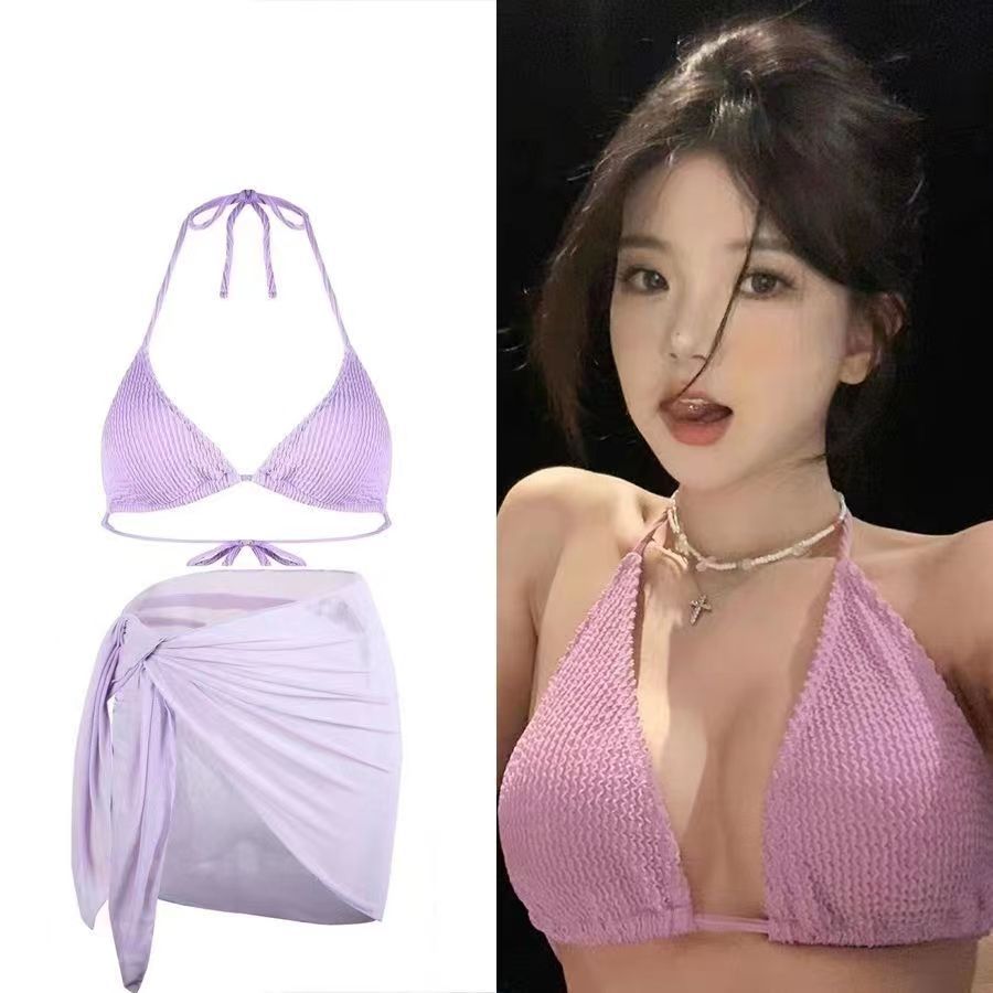 Purple two-piece swimsuit women's three-piece lace-up pure desire style bikini skirt summer sexy vacation European and American beach