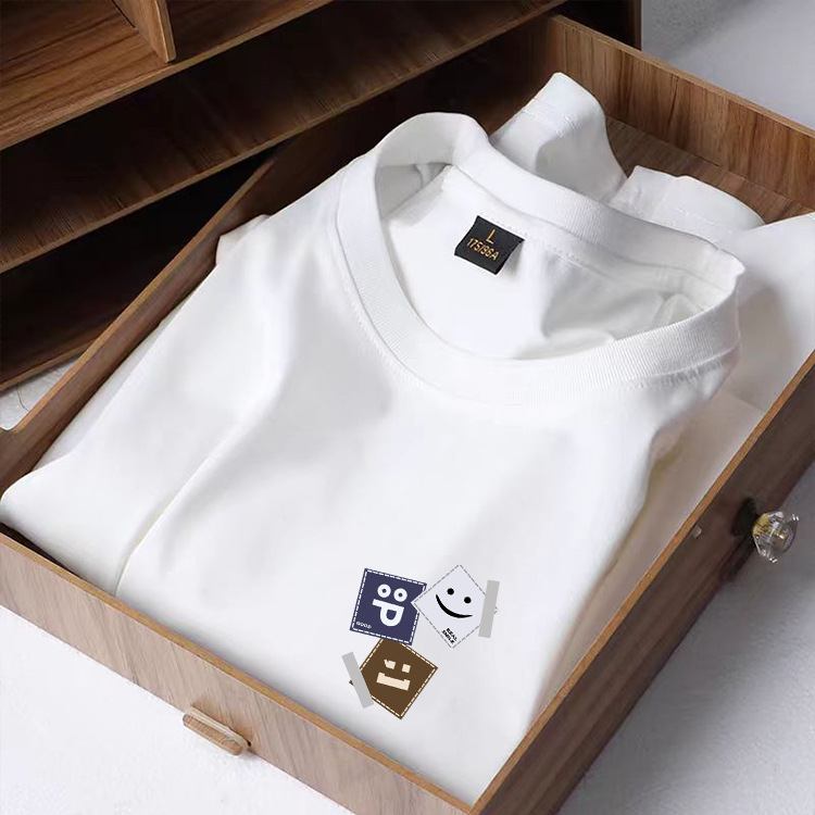 Verano de Hong Kong blanco cuadrado seda de hielo de cuello redondo camiseta de hombre impresa casualidad vintage camiseta de pareja