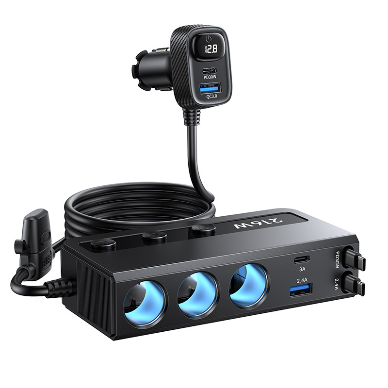 Multifunctional car charger with retractable cable, digital display, high-power car charger, fast charging