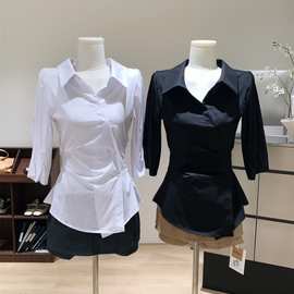 韩漫身材韩女衬衫 沙漏不规则V领捏褶中袖收腰白衬衫