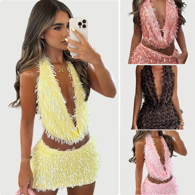 Cross-Border European and American Independent Station 2025 Slim Halter V-Neck Elegant Women's Slim Sexy Sexy Short Skirt Suit for Women Cross-Border European and American Independent Station 2025 Slim Halter V-Neck Elegant Women's Slim Sexy Sexy Short Skirt Suit for Women