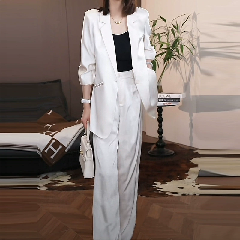 [Готовый запас] большие размеры, летняя новая мода, белый костюм Yujie, широкие брюки, костюм, толстый комплект из двух предметов для похудения