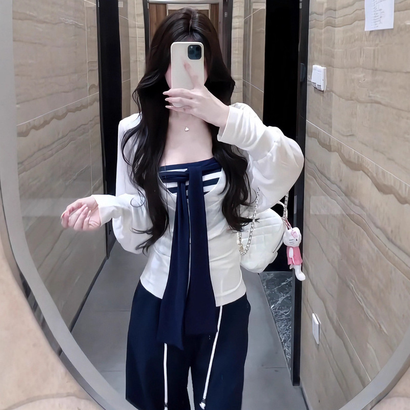 Elegant Outfit for Women: Tie-Up Striped Tube Top Paired with Long-Sleeve Cover-Up T-Shirt, Two-Piece Set for Summer Commuting