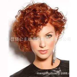 欧美红棕色假发女短卷头套 蓬松高温丝wigs 厂家现货一件代发