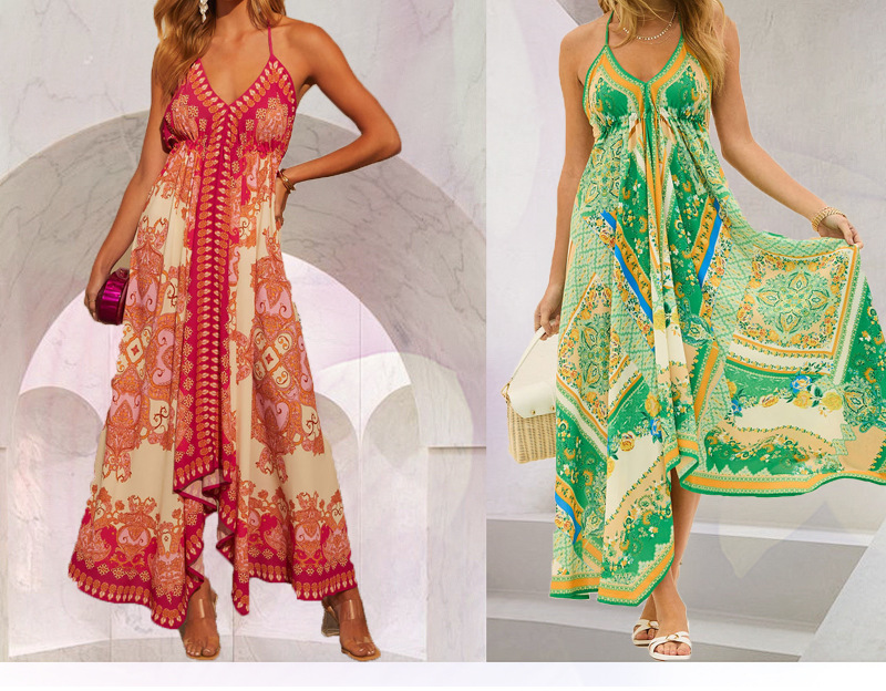 245g Weight Maxi Long Dress Dress Length Type Wholesale Women's Sexy Backless Plant Flowers Outdoor Daily Beach V Collar Sling Style Sleeveless Strap Dress