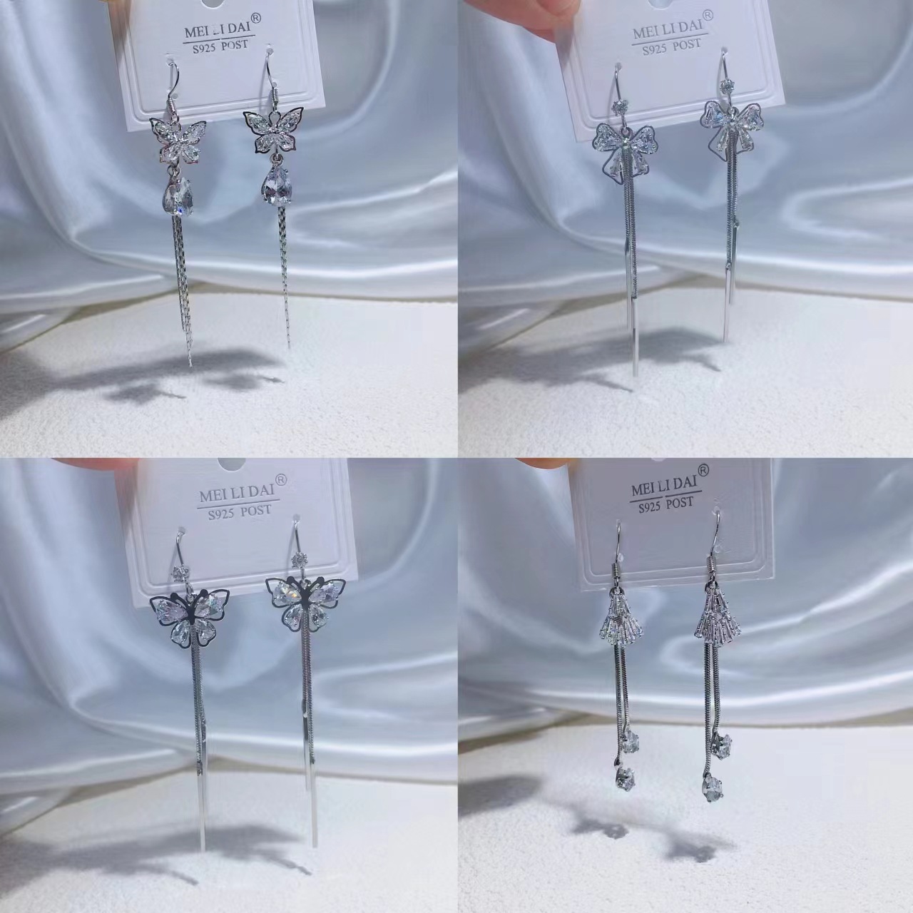 Long Tassel Zircon Earrings for Women Butterfly Pendant Cat Eye Earrings Elegant Antique Silver Needle High-end Earrings