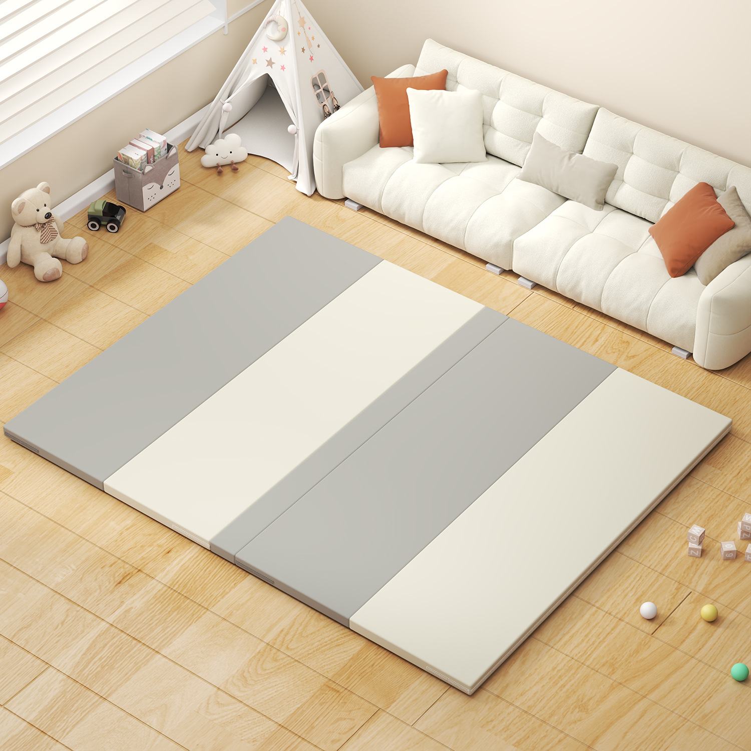 Alfombra de gateo Fanyibaby IXPE, alfombra de gateo plegable de PU de grado A para madres e infantes, alfombra de suelo para sala de estar y centro de educación temprana para niños.