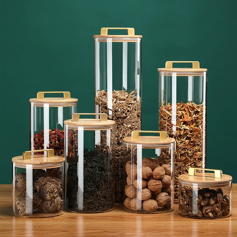 Straight High Borosilicate Glass Sealed Jar with Handle Bamboo Lid Coarse Grain Storage Jar Dried Fruit Snack Dried Pericarpium Storage Jar
