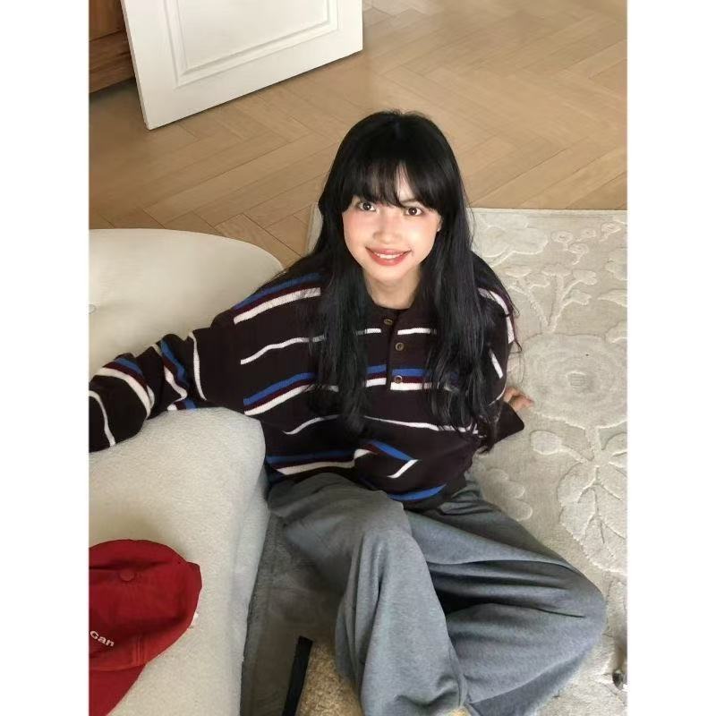 韩版小众撞色条纹秋2025新款领口排扣多巴胺条纹毛衣宽松套头上衣|undefined