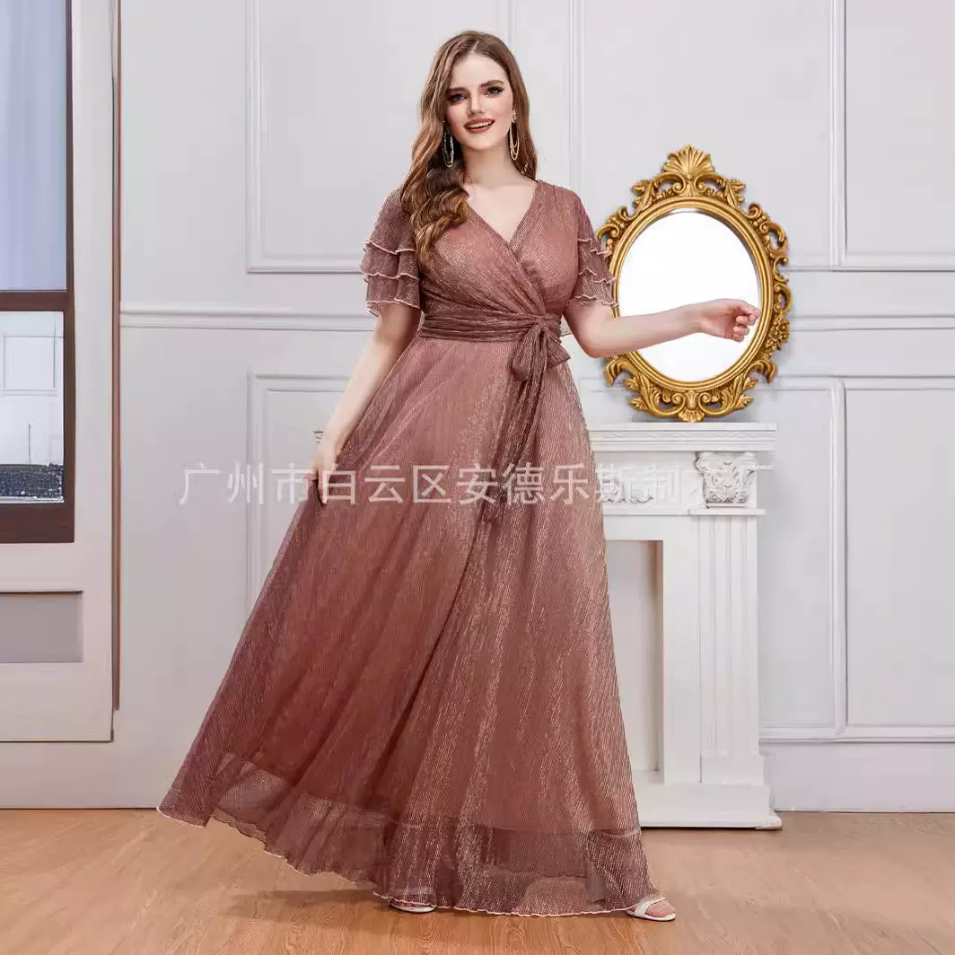跨境欧美中东婚礼女伴娘裙礼服V领高腰优雅亚马逊网纱大码连衣裙
