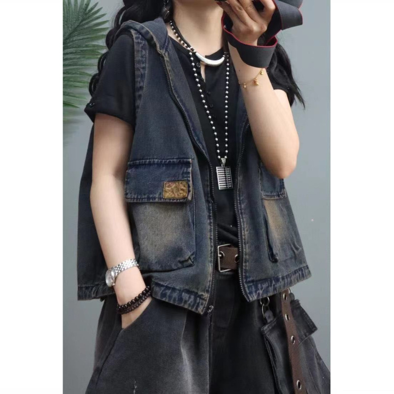 Hooded Denim Vest for Women, New Spring and Autumn Style, Large Size, Loose Fit, Artistic Retro Vest, Sleeveless Jacket