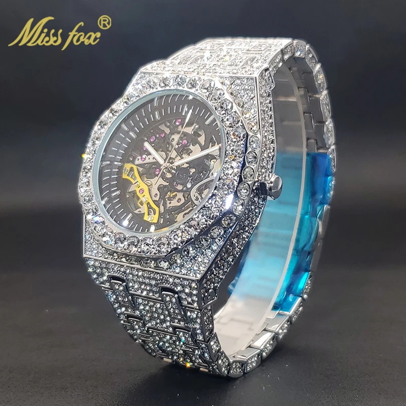 Missfox European and American Big-Name Full-Diamond Hip-Hop Party Automatic Cut Out Mechanical Watch Men's Full-Diamond Luminous Watch