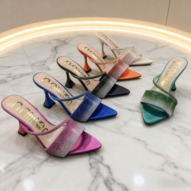 High-Heeled Sandals for Women, Pointed Toe with Sparkling Rhinestones, Summer Style, Fashionable, Cross-Border, High-End Feel, Heels Slipper, Wine Glass