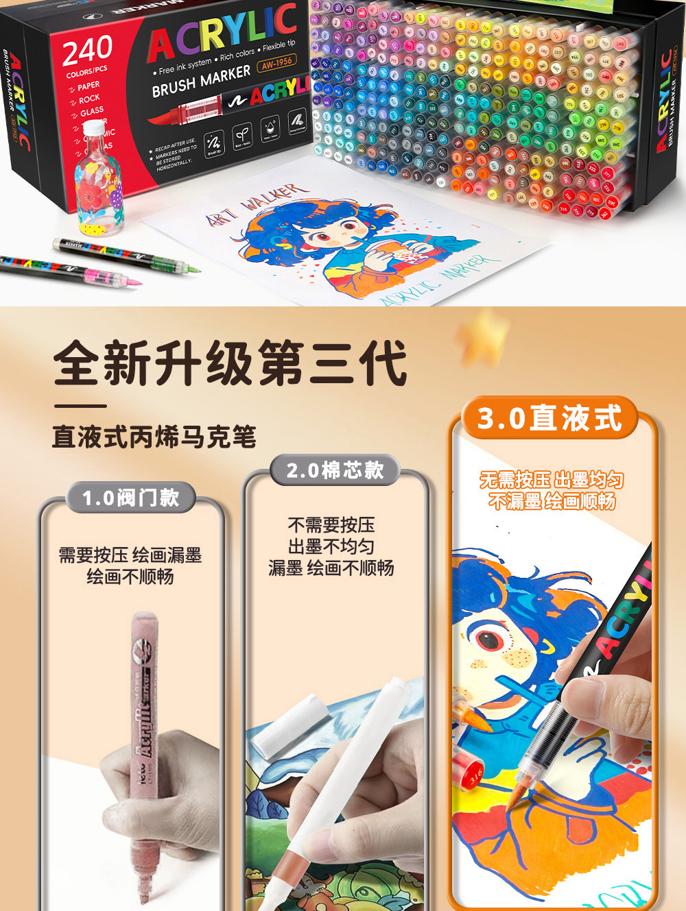 Direct-fill Soft-tip Acrylic Marker Pen 418 Colors Art Drawing Stationery Set for Children DIY Doodling Pen Wholesale