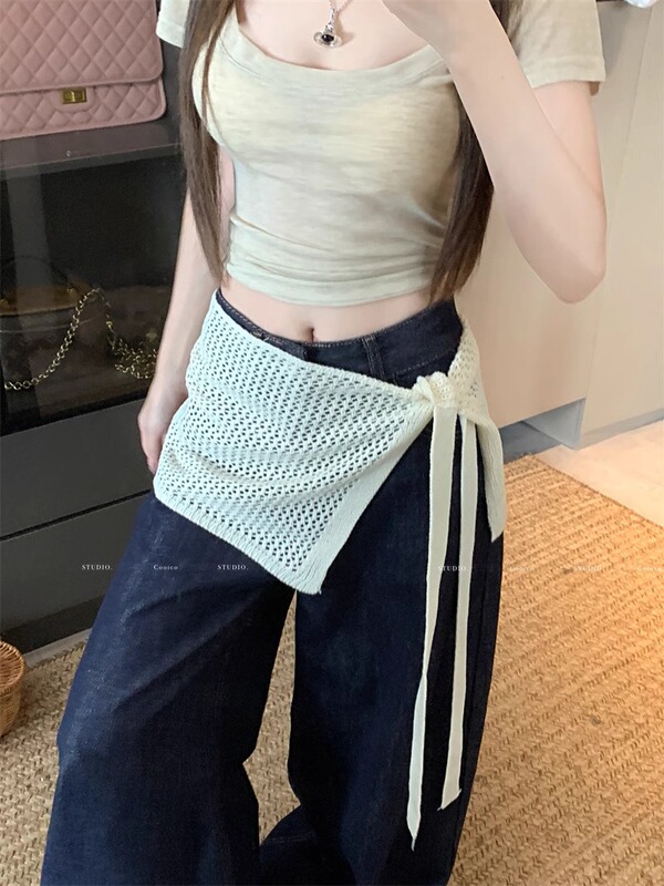 シックなデザインの中空ニットスカート、女性用夏の新しいスタイルのレイヤードレースアップバットカーテン、ファッショナブルで多用途なショートスカート|undefined