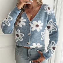 欧美跨境亚马逊花朵图案纽扣前襟开衫欧美独立站V领提花毛衣外套