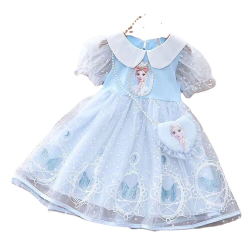 Girls Elsa Princess Dress  Summer Dress Children's Frozen Style Mesh Dress Baby Short Sleeve Dress