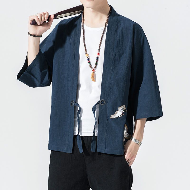Verano estilo chino pluma tejida túnica Hanfu hombres cárdigan algodón y lino kimono japonés lino camisa de manga tres cuartos