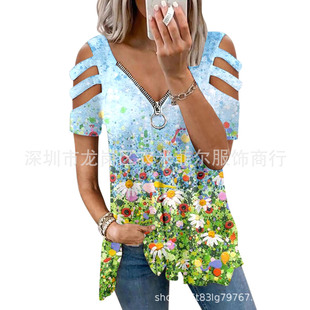 2021 Cross-border European and American Aliexpress Summer CuT OuT Fashion DigiTal MulTi-color PrinTing V Neck ShorT-sleeved T-shirT