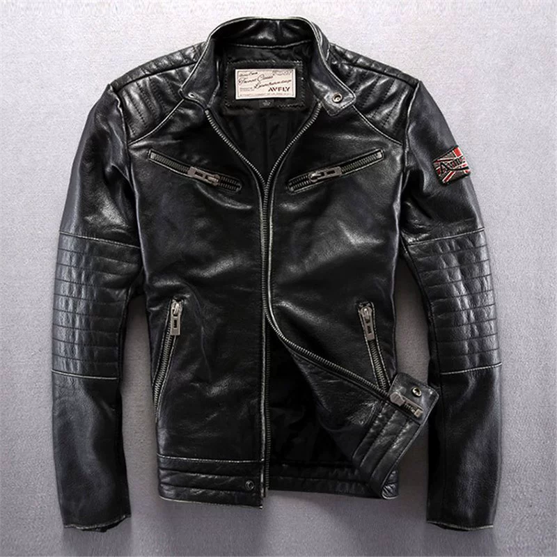 Cross -border for AVFLY to make old cowhide leather coat men standing for European and American locomotive casual embroidery leather jackets