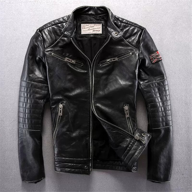 Cross -border for AVFLY to make old cowhide leather coat men standing for European and American locomotive casual embroidery leather jackets