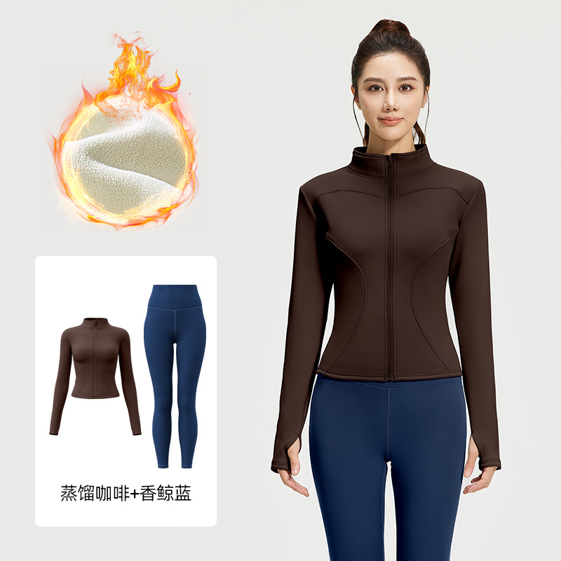 Juyi Tang otoño y invierno más terciopelo engrosado conjunto de ropa de yoga desnudo sensación delgada alta elástica a prueba de viento conjunto de acondicionamiento físico mujer