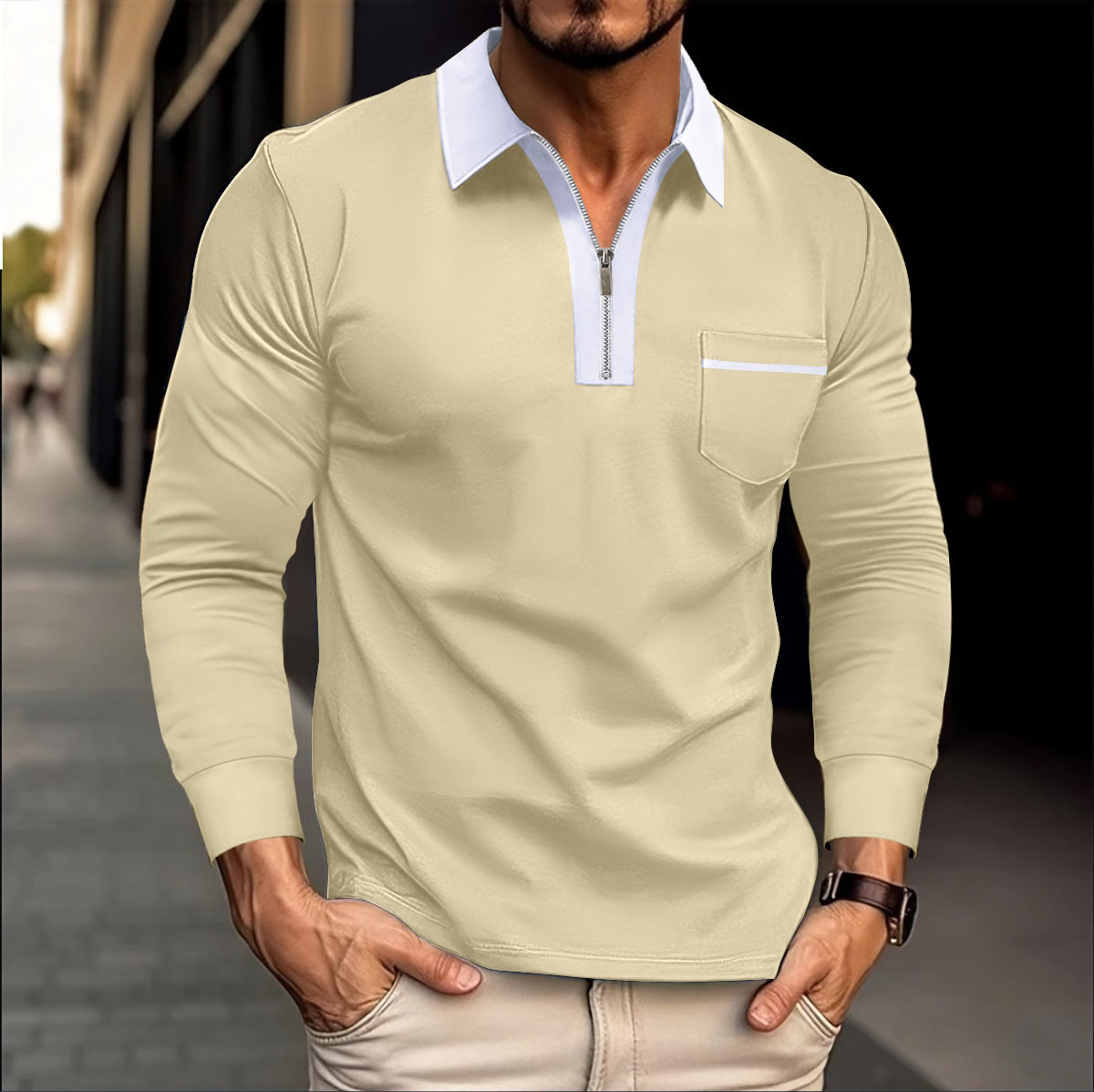 Nuevo nuevo transfronterizo Europa y América Amazon otoño de manga larga hombre bolsillo casual con cremallera casual polo image 9