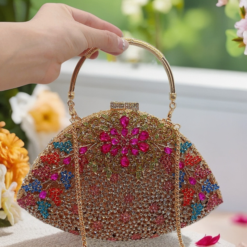 Túi clutch dạ hội đính kim cương hoa tử đằng phong cách Âu Mỹ — Màu vàng kim, Vàng AB, Đế vàng kim cương, Xanh nước hồ