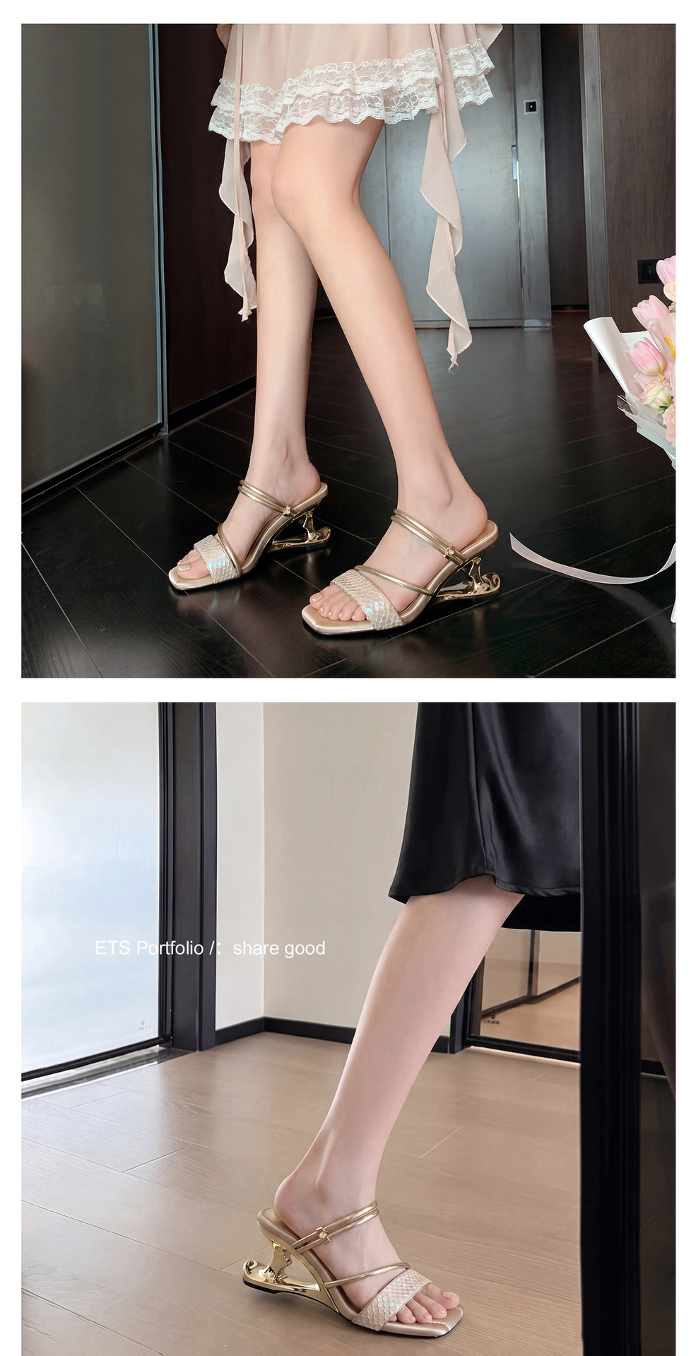 Sandal cao gót nữ quai mảnh mũi vuông hở mũi, gót dị hình, có thể xỏ kiểu một dây hoặc hai dây — màu vàng, bạc chi tiết 10