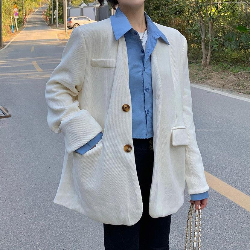 Fake two-piece polo collar long-sleeved suit jacket for women Spring 2023 new style salt draping loose top