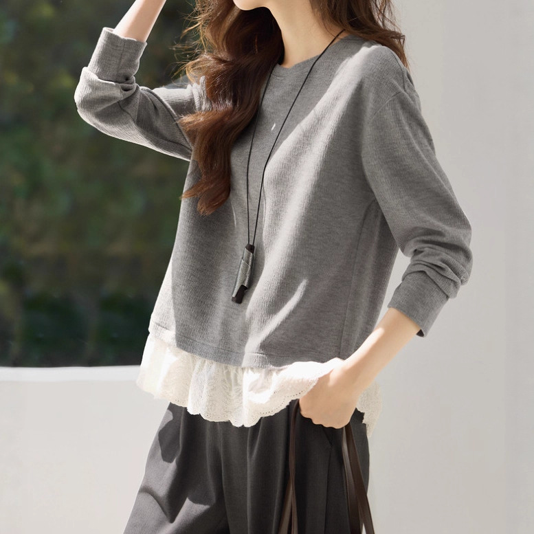 都市慢奏25秋休闲设计感系下摆拼接木耳边慵懒圆领卫衣女