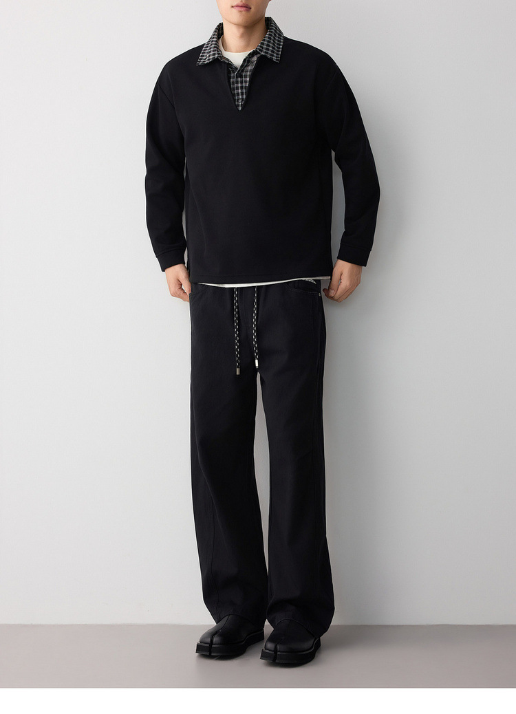 Áo hoodie nam nỉ hai lớp cổ lạnh kiểu giả hai lớp — đen chi tiết 17