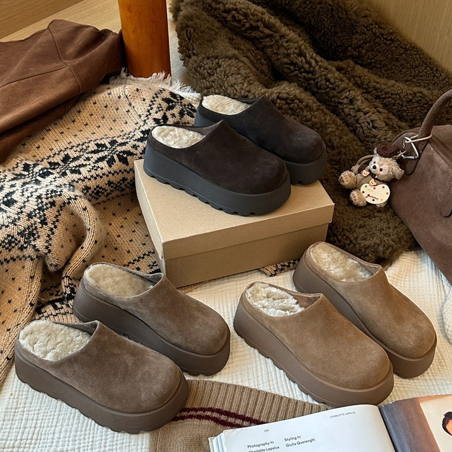 牛皮版~厚底增高包头毛毛拖鞋女加绒保暖勃肯鞋外穿百搭懒人棉鞋