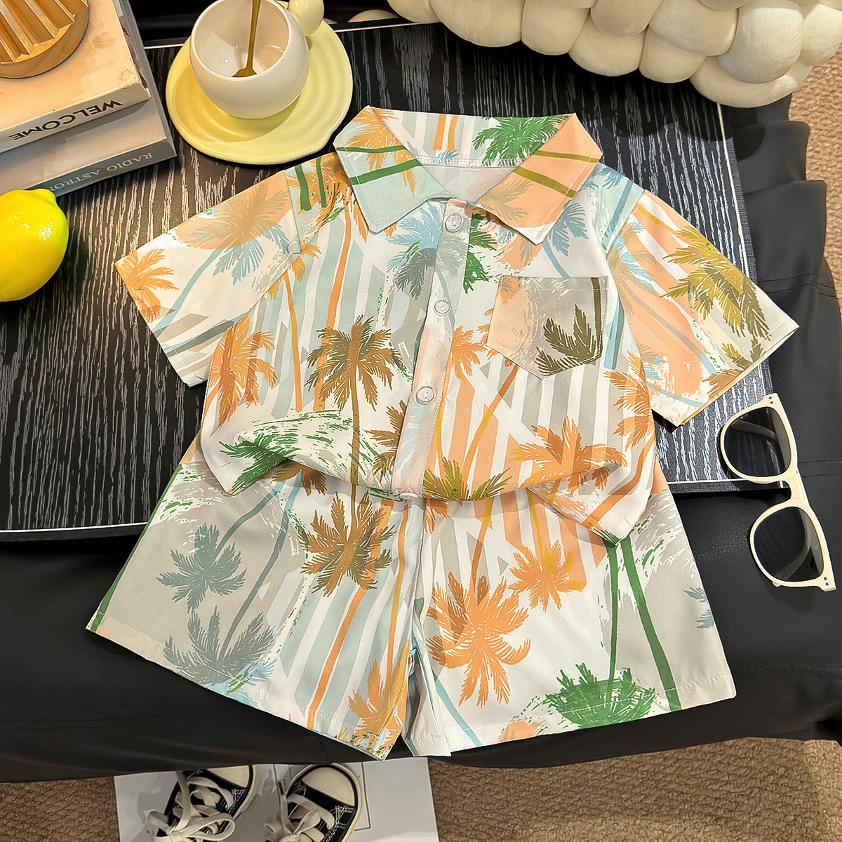 Island style shirt suit-orange and green coconut tree pattern / 90cm
