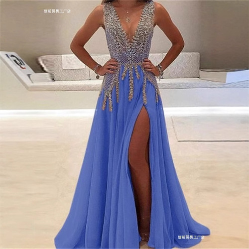 A deep V wedding dress with sexy transparency, long and noble, for birthday galas, nightclubs, hosts, parties, evening gowns.