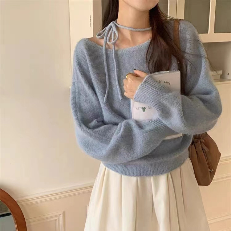 Fresh and Sweet Round Neck Hanging Neck Lace Pullover Knitted 2024 Autumn New Korean Style Loose Design Sense Sweater for Women