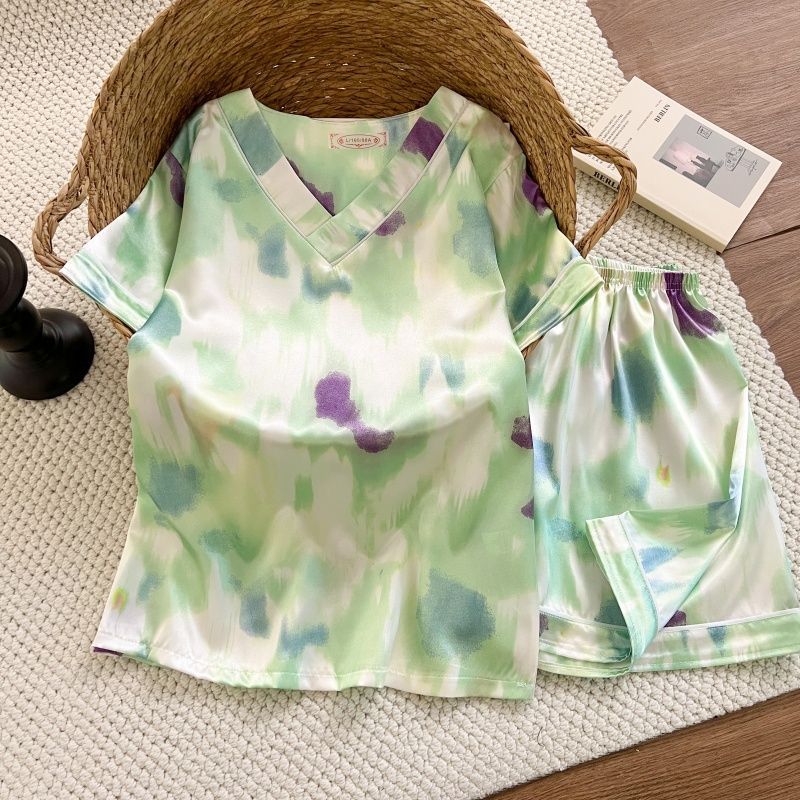 Pijamas de verano al por mayor transfronterizos de seda de manga corta delgada y suelta de cuello en V de mujer simulación de dibujos animados set de ropa para el hogar