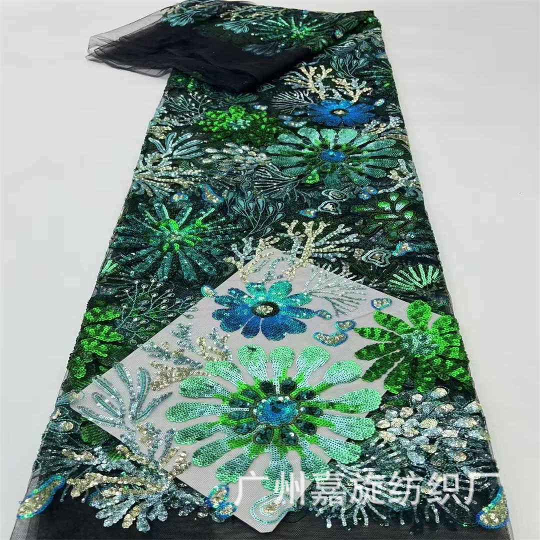 Nuevo estilo nacional flor laminado de color sequinilla tela bordada de alta calidad cheongsam vestido vestido cuentas bordadas tela de encaje image 1