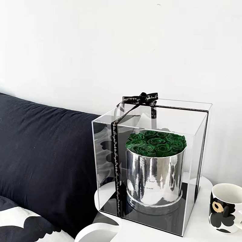 Ramo de rosas eternas en cubo acrílico, producto terminado, regalo de flores reales para el Día de San Valentín, flor eterna, adorno de alta gama.