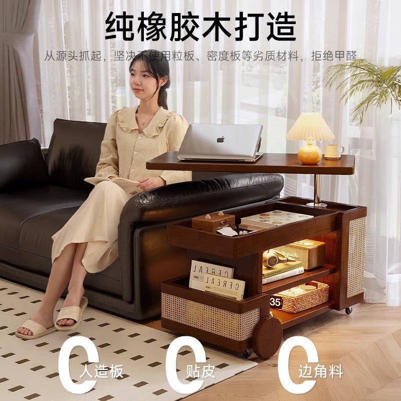 Mesa de té de carro móvil de madera sólida puede ser un pequeño tipo de casa elevable sala de estar casera sofá gabinete lateral de autobús