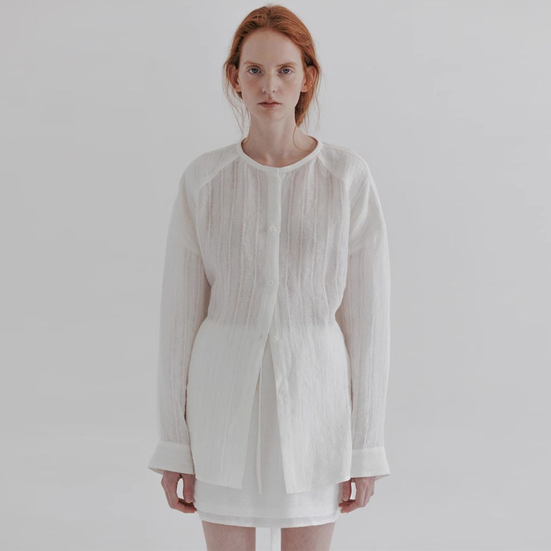 Niche Normcore 2025 Spring and Summer Shirt Women's Back Lace-Up Waist Slimming Look Round Neck Shirt Long-Sleeved Linen Top