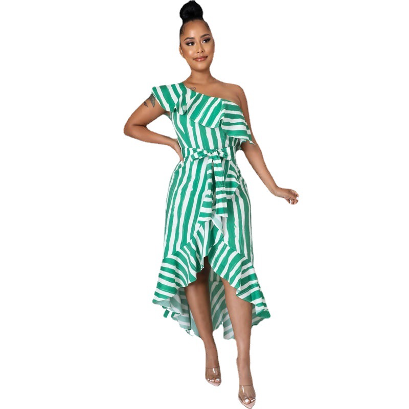Vestido elegante para ir al trabajo de la próxima temporada, falda irregular, vestido midi verde con hombros descubiertos, vestido a rayas entallado de talla grande. image 4