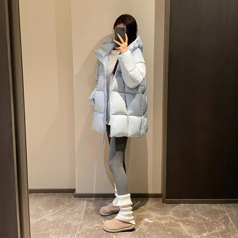 90% White Duck down Cloud Puff Hooded Turtle-Back down Jacket, Mid-Length, Thickened Winter Puffer Coat, Loose Fit